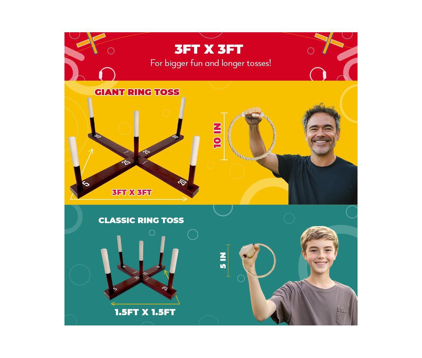 Детские игрушки SWOOC XL Ring Toss Game, 3ft x 3ft, Weather and Water Resistant with 15+ Games, Ages 3+, цвет: Коричневый — фото 3