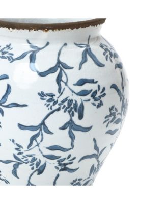 Handmade Blue Floral Wide-Mouth Waterproof Ceramic Vase, 9.25" Round Indoor Home Decor