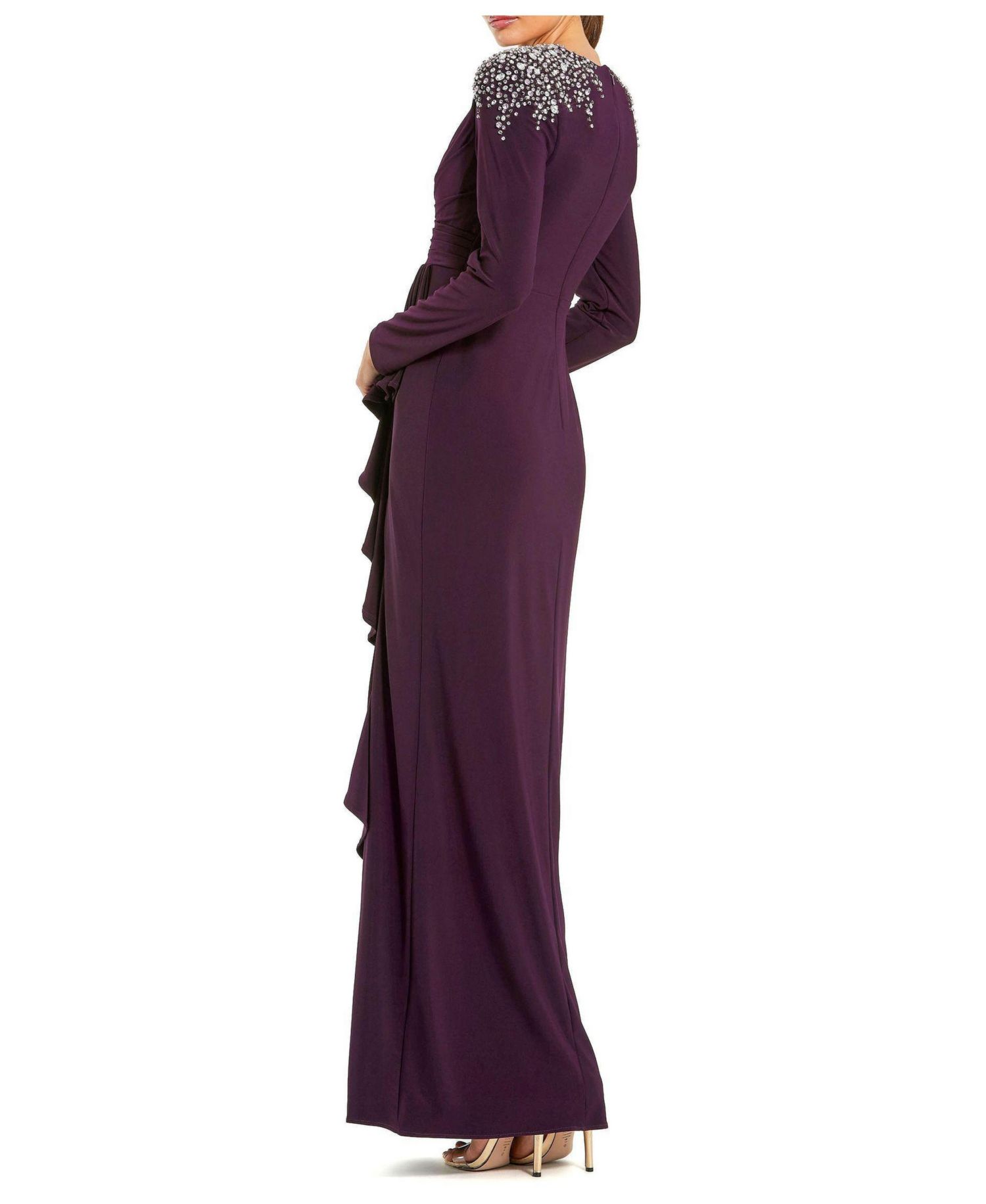 Women's Long Sleeve Gown with Cascading Ruffle and Rhinestone Shoulders