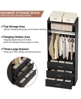 Freestanding 2FT Closet System with 3 Wooden Drawers, 24'' Closet Organizer System with Hanging Rod & Shelves