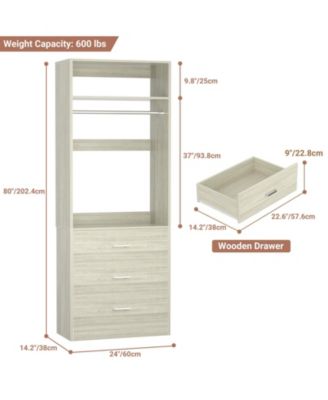 Freestanding 2FT Closet System with 3 Wooden Drawers, 24'' Closet Organizer System with Hanging Rod & Shelves