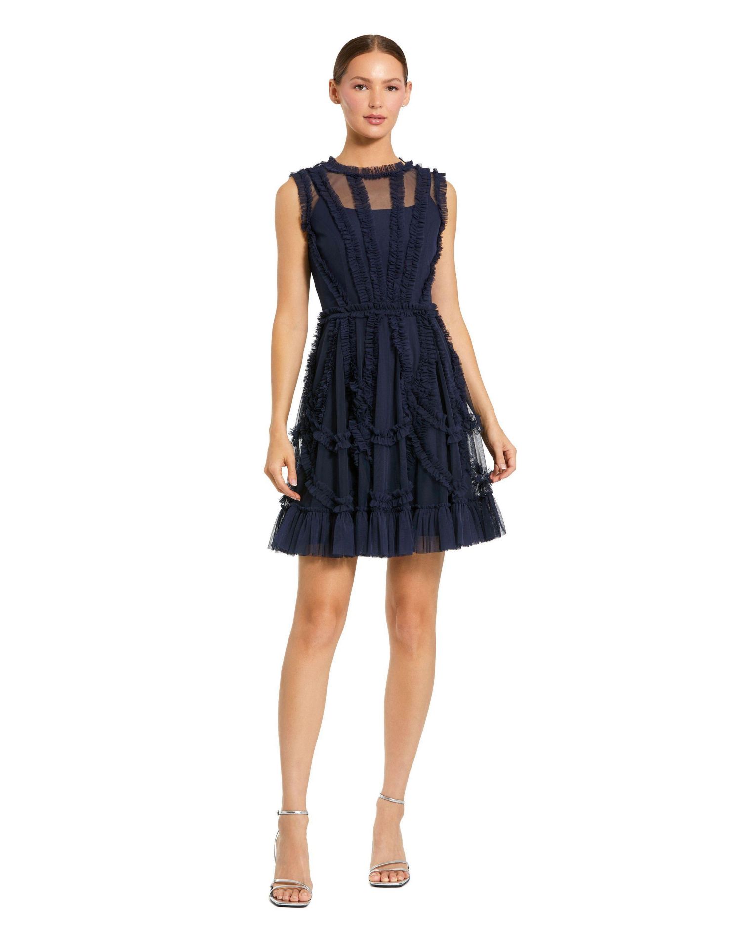 Women's Mesh Micro Ruffle High Neck Mini Dress