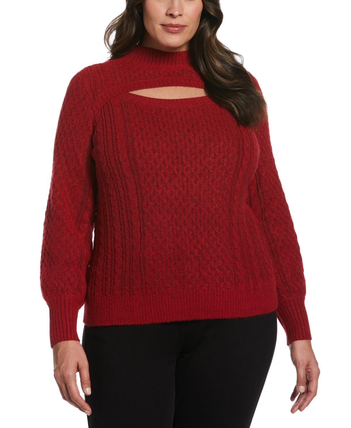 Ella Rafaella Plus Size Cut-out Cable Knit Long Sleeve Sweater In Red