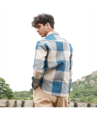 Men's Azure Blue & Off-White Buffalo-Woven Regular Shirt