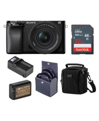 Alpha A6100 Mirrorless Digital Camera, with 16-50mm Lens (Black) Basic Bundle with Filter Kit, Battery, Charger, Bag, 32GB SD Card