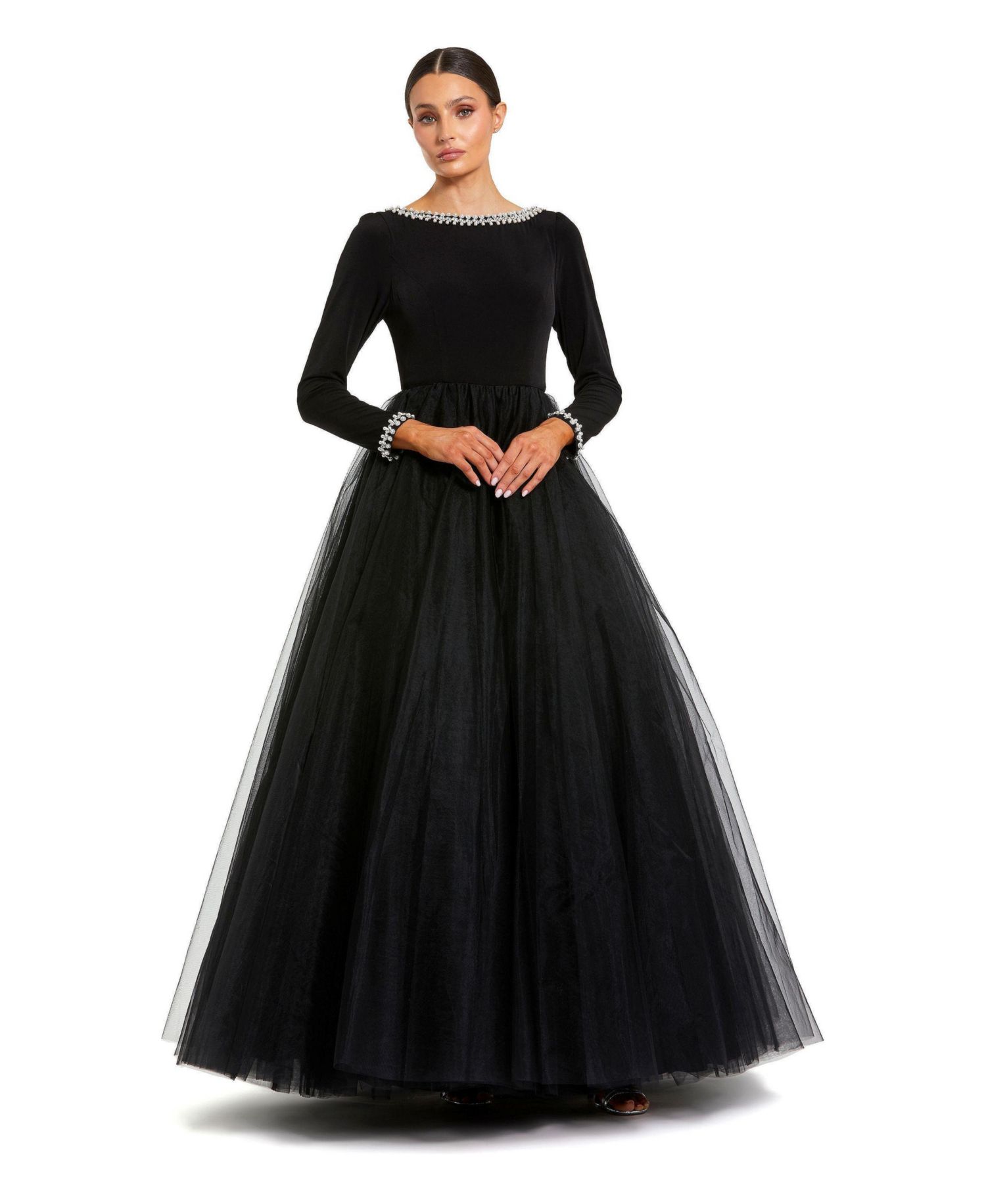 Women's Embellished Jersey Long Sleeve Ballgown With Tulle Skirt