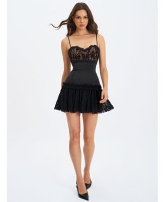 Women's Umra Black Contrast Lace Sweetheart Gathered Mini Dress