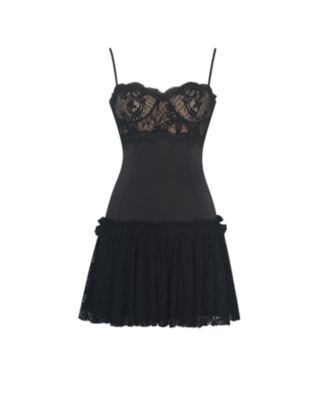 Women's Umra Black Contrast Lace Sweetheart Gathered Mini Dress