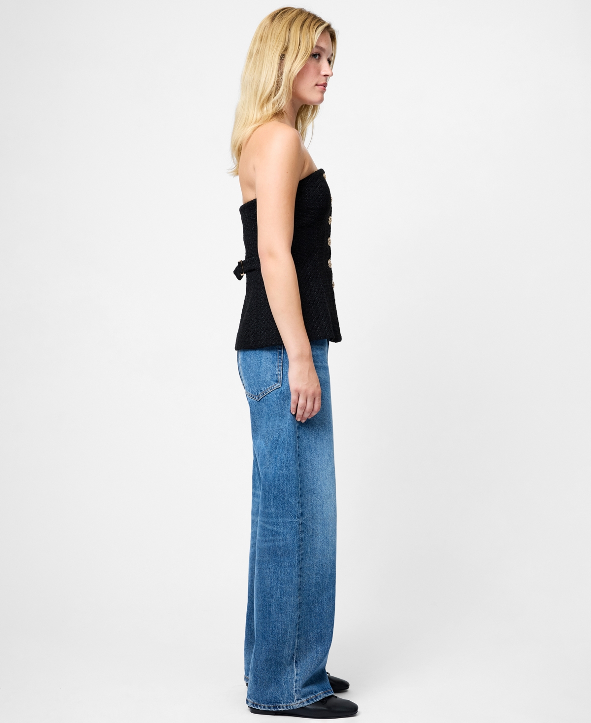 French Connection Structured Tweed Strapless Button Top In Black