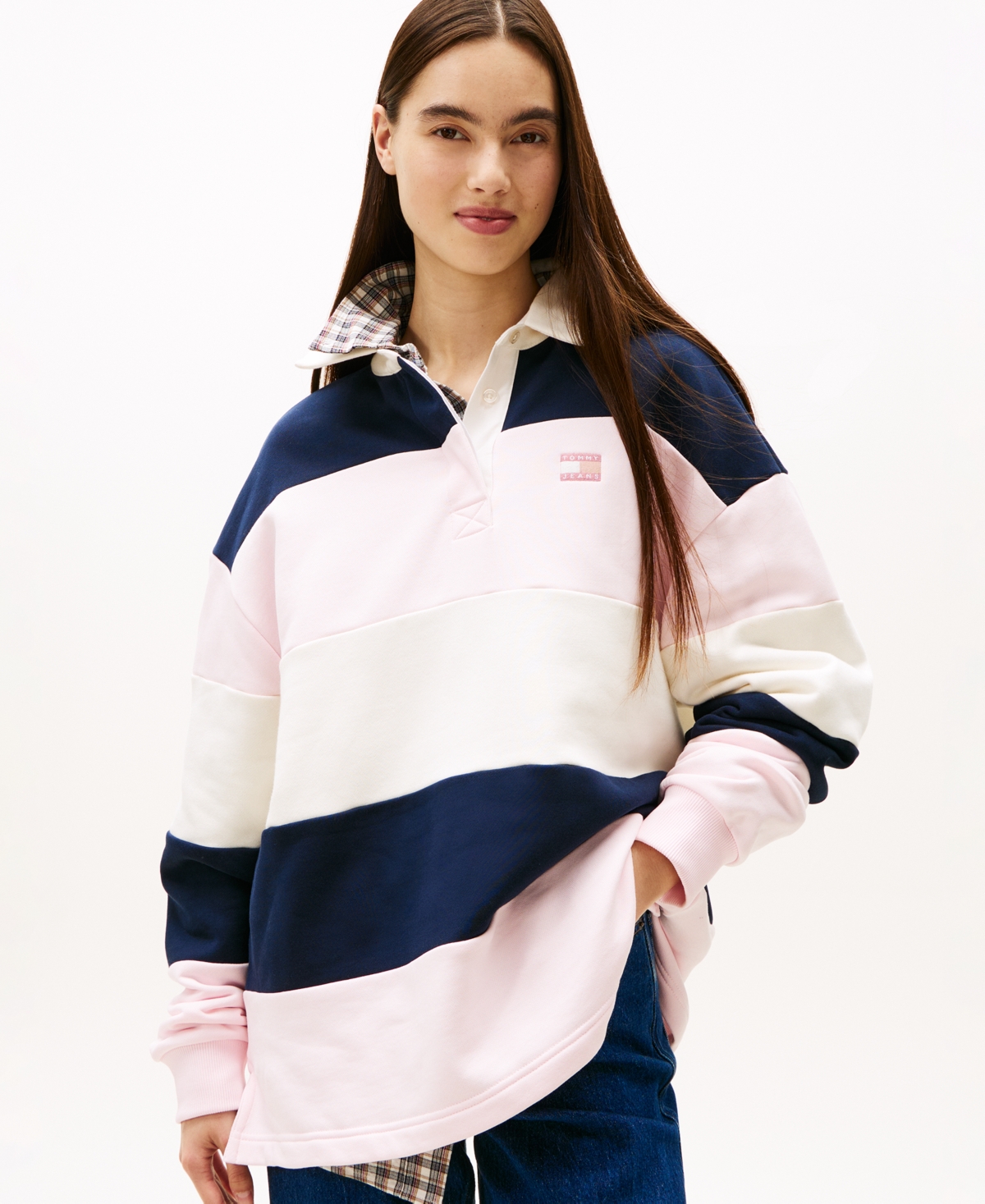 Tommy Jeans Women's Badge Stripe Rugby Long-sleeve Sweatshirt In Multi