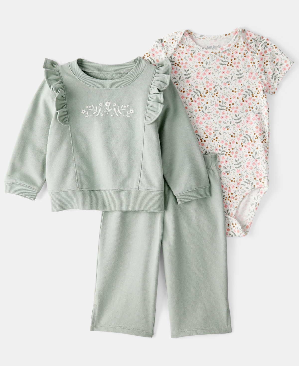 Carter's Baby Girls 3-Piece Floral Sweatshirt, Bodysuit and Pants Set