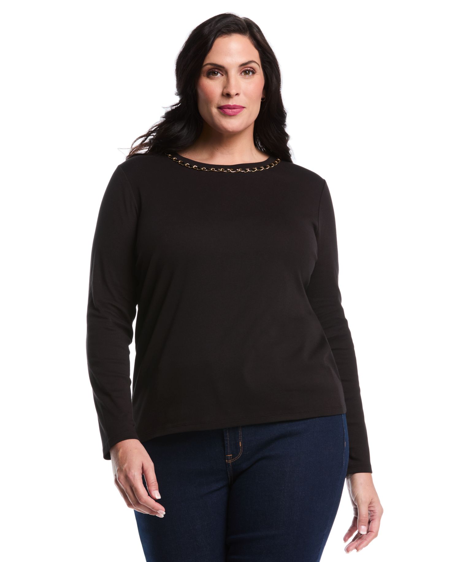 Plus Size Chain Neck Detail Long-Sleeve Top