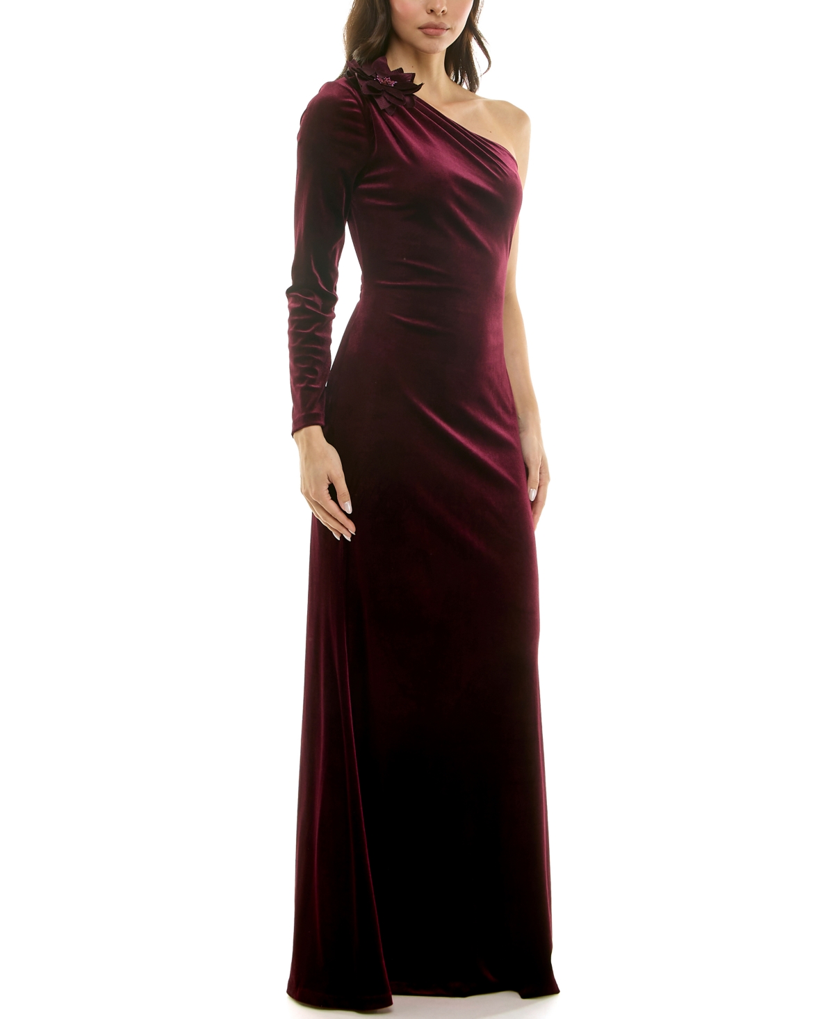 Taylor Women's One Shoulder Floral Detail Velvet Dress In Burgundy