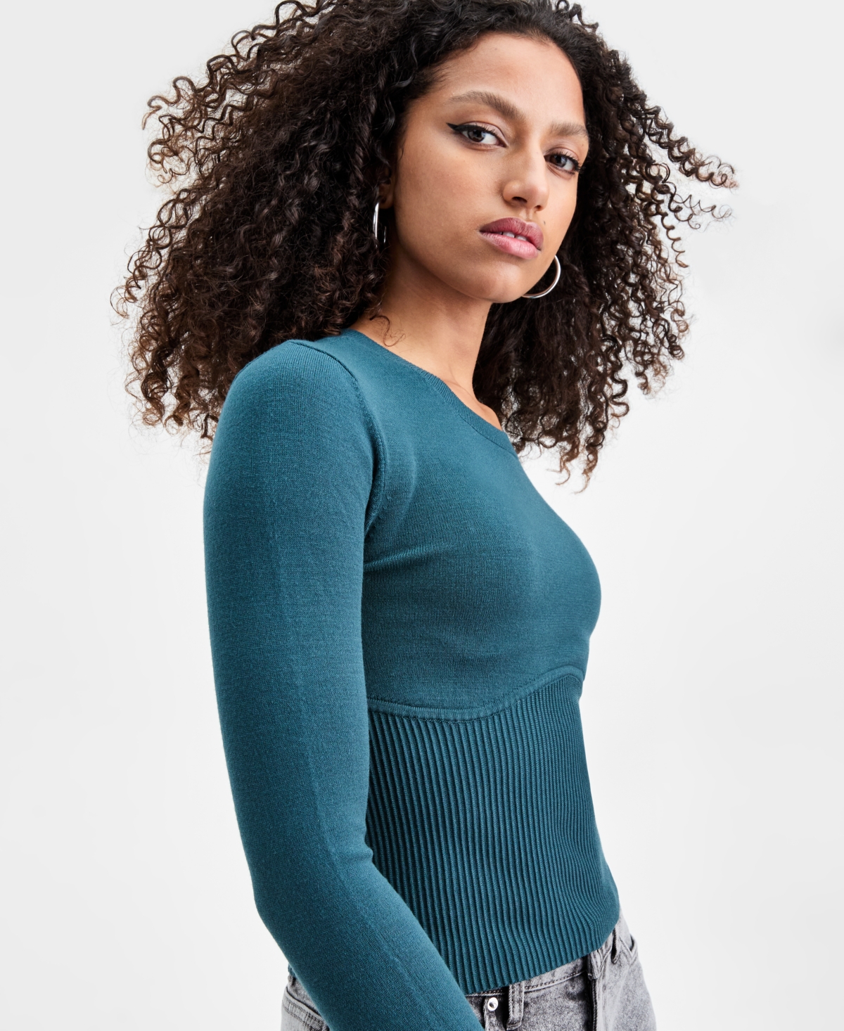 Bar Iii Women's Corset-inspired Long-sleeve Sweater, Macy's Exclusive In Blue