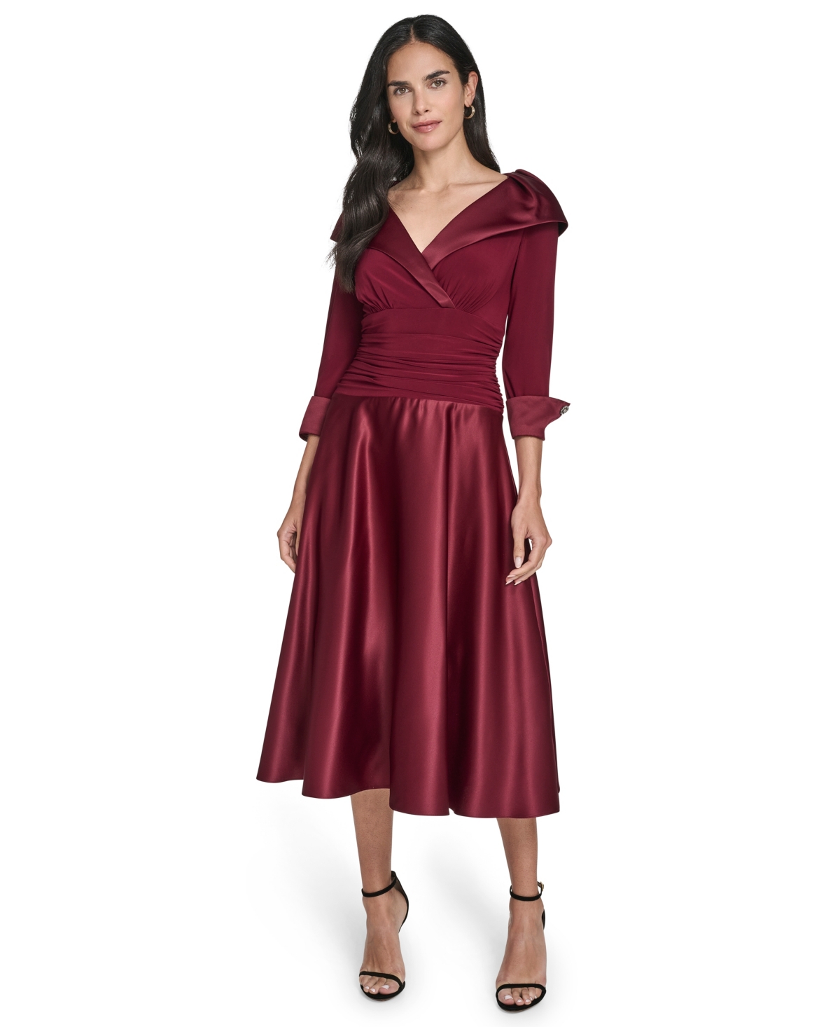 Jessica Howard Women's 3/4-rhinestone V-neck Cuff Sleeve Dress In Burgundy