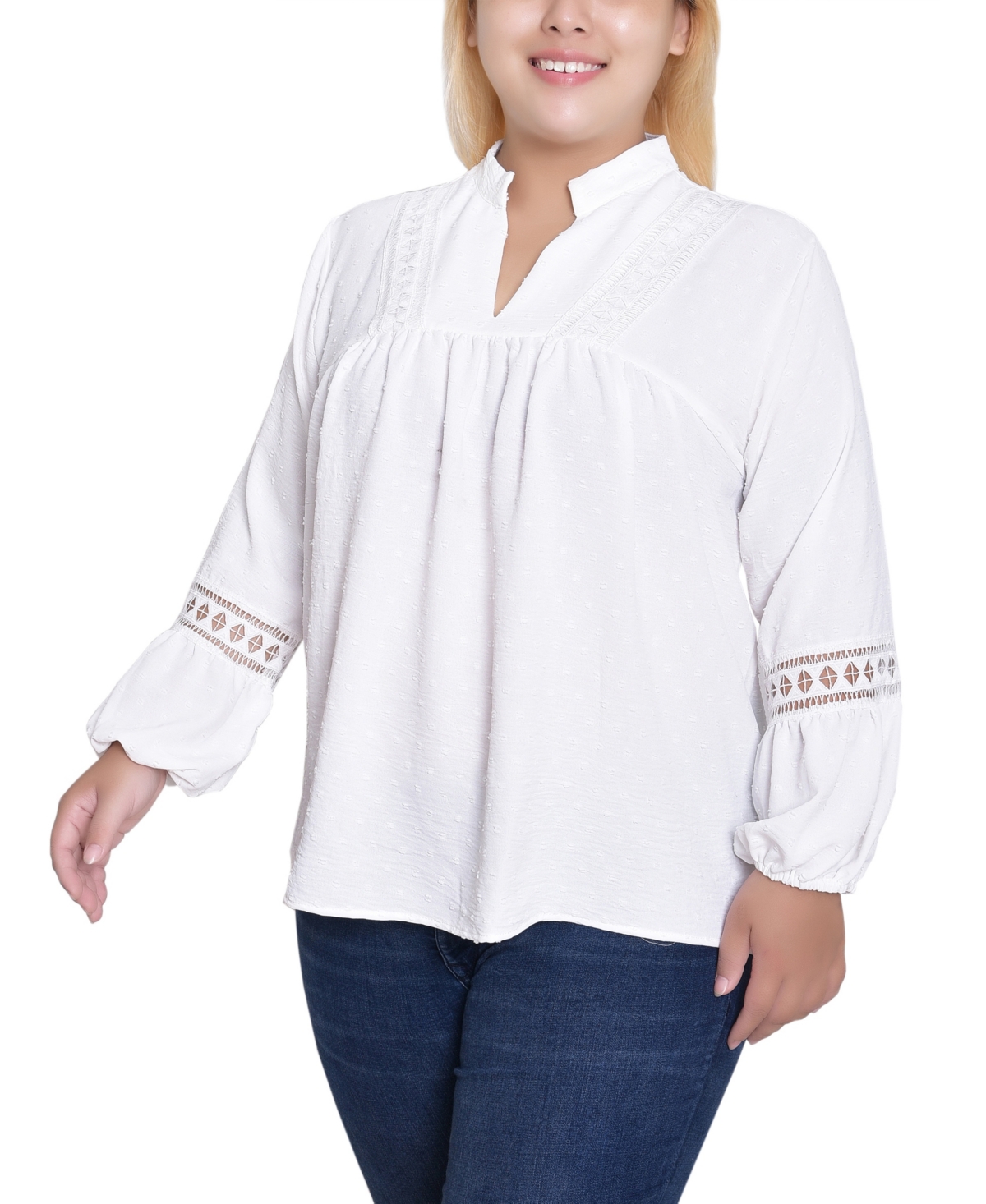 Ny Collection Women's Plus Crochet Trim Long Sleeve Blouse Top