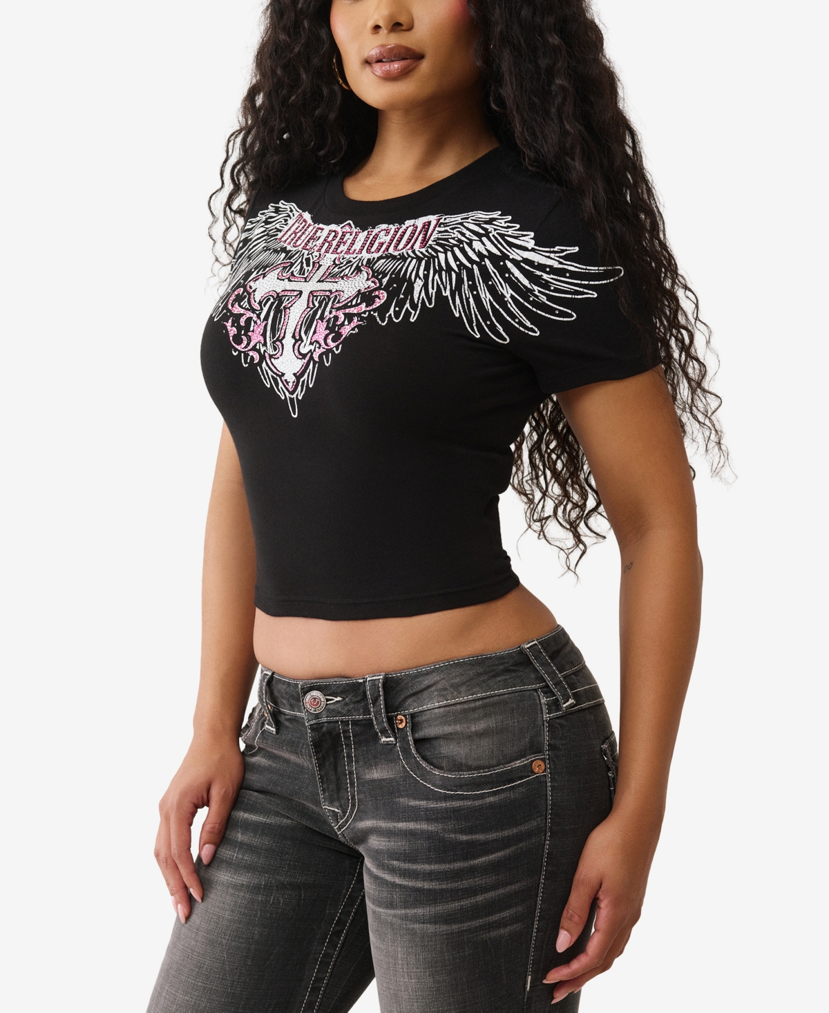 True Religion Women's Ss Crystal Wing Baby T-shirt In Black