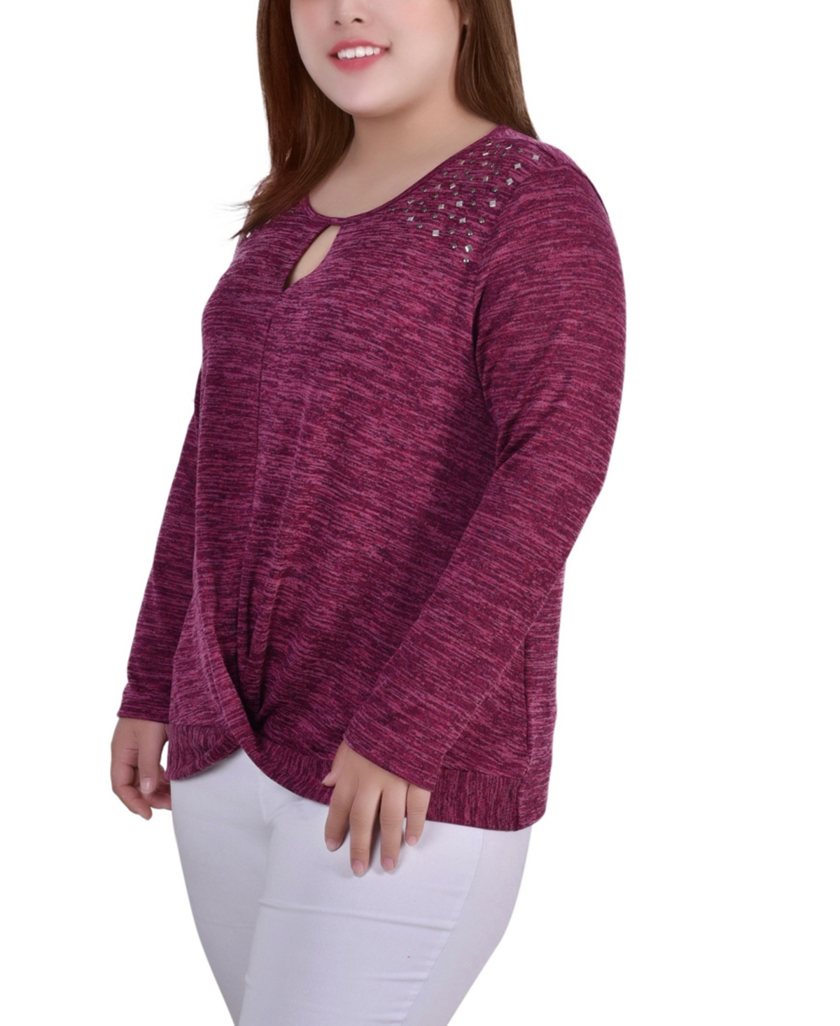 Ny Collection Women's Plus Long Sleeve Knit Keyhole Top