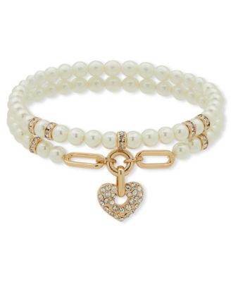 Anne Klein - Imitation Pearl 2-Row Heart Stretch Bracelet