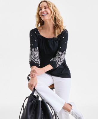 Women's Square-Neck Embroidered Knit Top, Macy's Exclusive