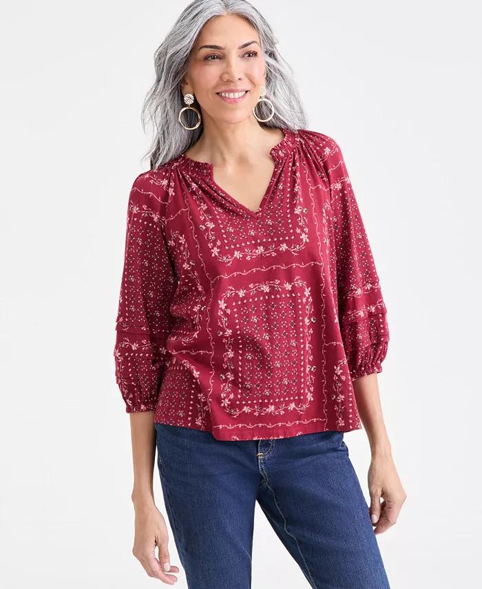 Women's Printed Split-Neck Smocked Knit Top
