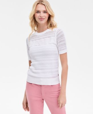 Nautica Women's Cotton Lace-Front Short-Sleeve Sweater
