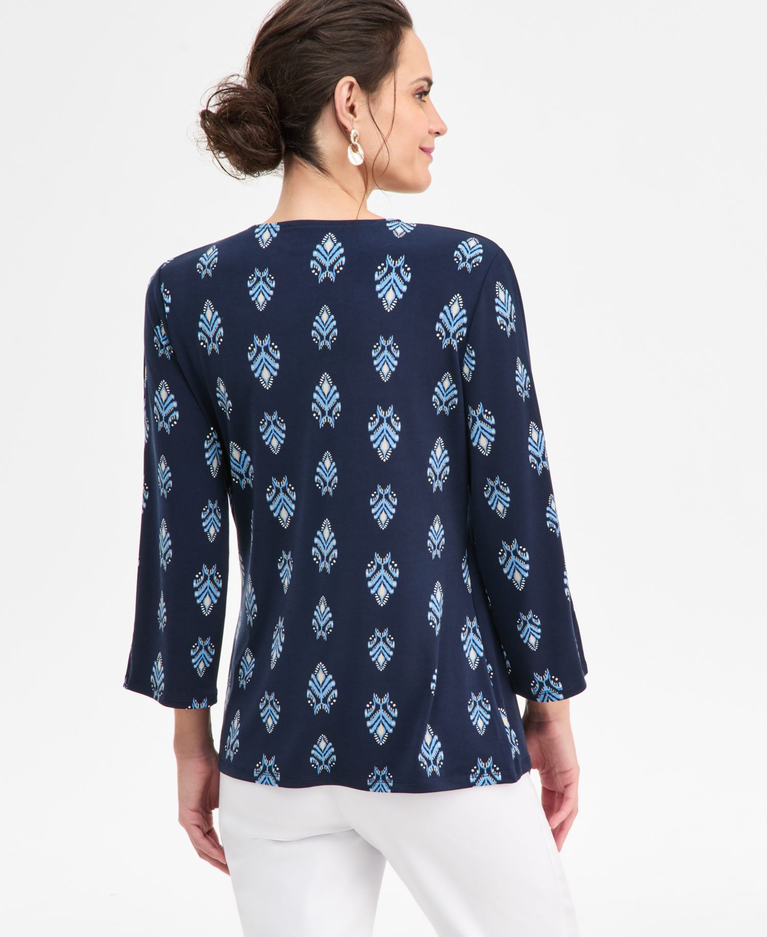 Petite Dani Geo 3/4-Sleeve Knit Dressing Surplice V-Neck Top