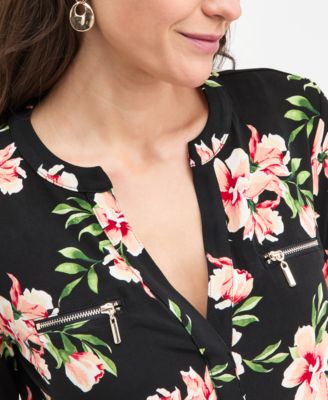Petite Audra Floral Long-Sleeve Zipper Top, Macy's Exclusive