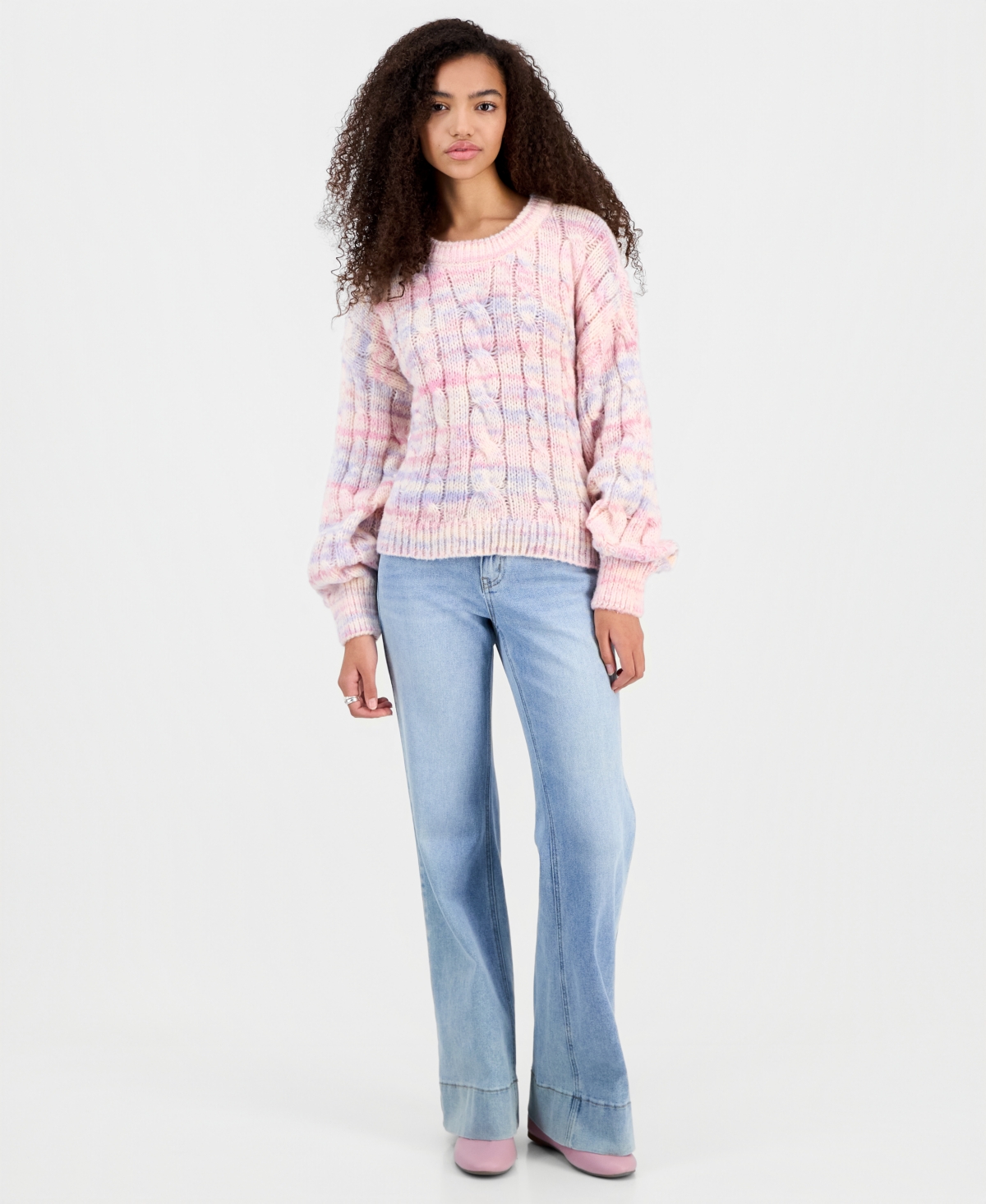 Hippie Rose Juniors' Chunky Cable-knit Crewneck Sweater In Pink