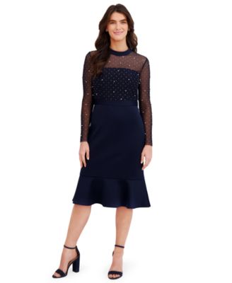 London Times - Women's Long-Sleeve Illusion Midi Dress