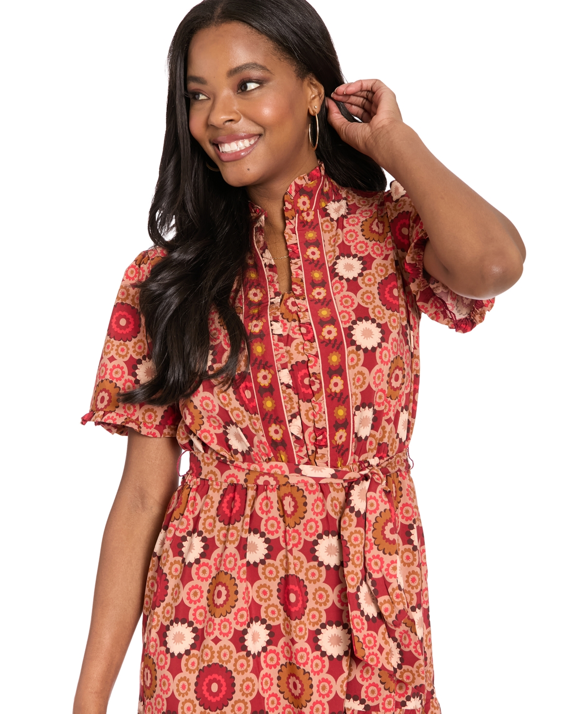 London Times Women's Ruffle Neck Tiered Maxi Dress