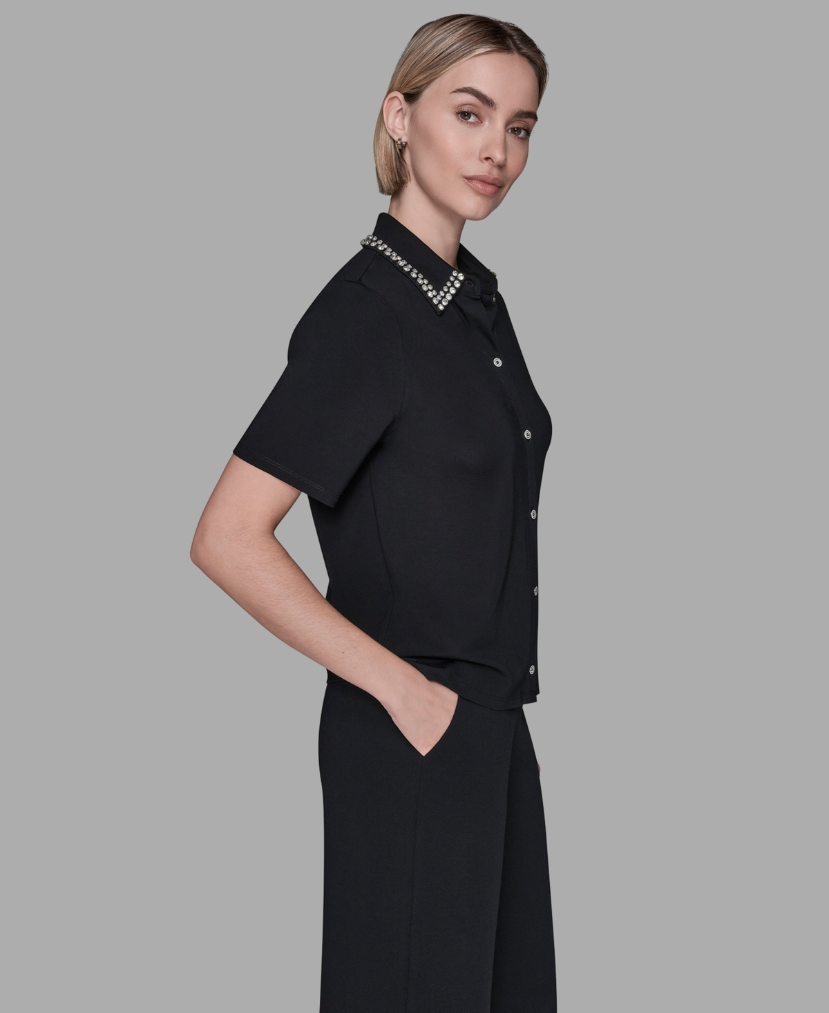 Karl Lagerfeld Women's Luxe Jeweled Short-sleeve Knit Shirt In Black