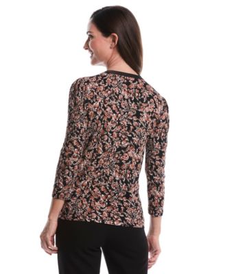 Petite Floral Print 3/4 Puff Sleeve V-Neck Top
