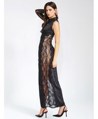 Women's Weslyn Black Satin Lace High Slit Dress