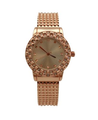 Rose Gold Thick Bangle Watch With Rhinestone Details
