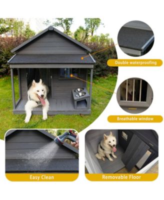 44.2 in. W x 44.6 in, D x 44.6 in. H Large Weatherproof Doghouse with Large Terrace and Cleaning mat, Feeding Bowl