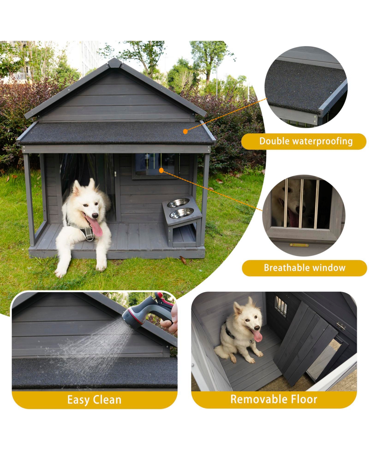 Aostirmotor 44.2 in. W x 44.6 in, D x 44.6 in. H Large Weatherproof Doghouse with Large Terrace and Cleaning mat, Feeding Bowl