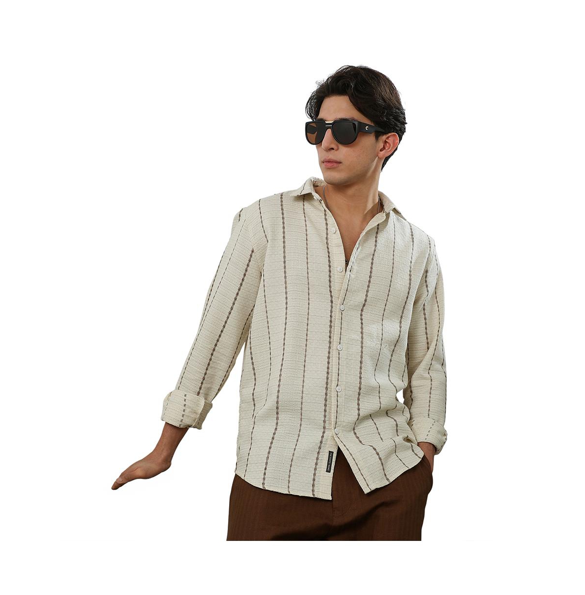 Campus Sutra Men's Textured Striped Cotton-Polyester Blend Shirt