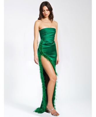 Women's Perrin Emerald Green Feather Dress High Slit Gown