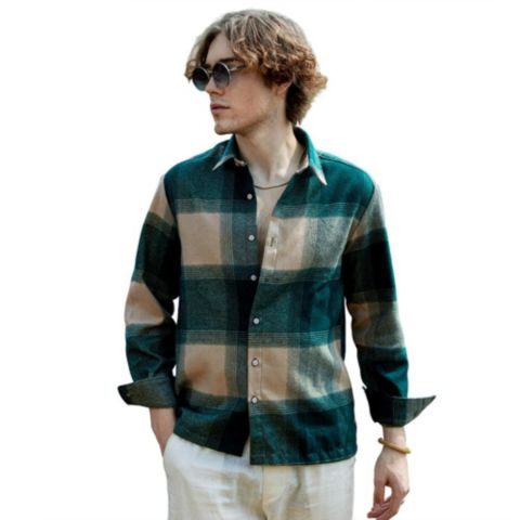 Мужская рубашка Cahoot Campus Sutra Emerald Green & Buff Beige Vignette-Checkered Oversized, цвет: Зелёный