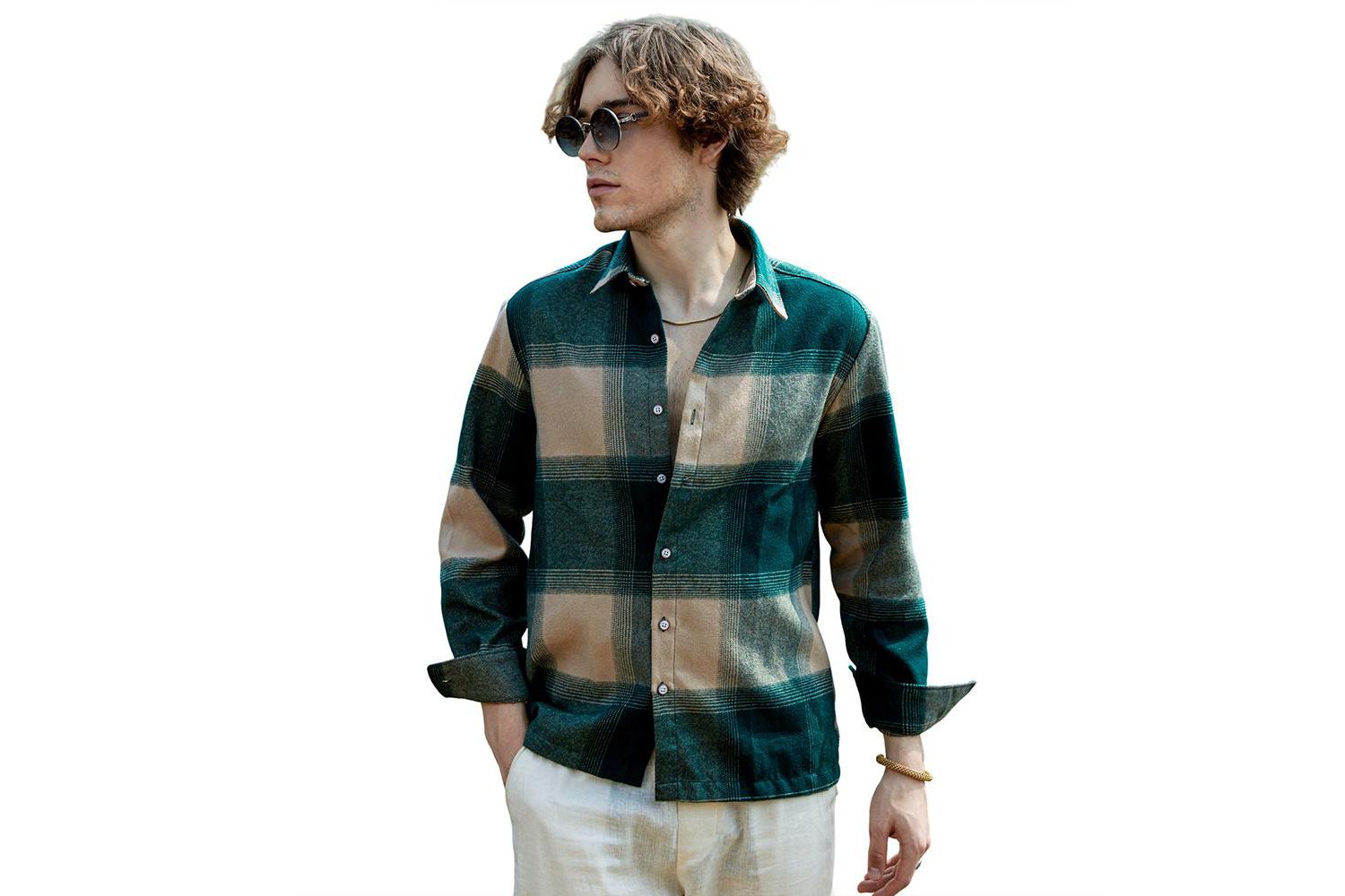 Men's Emerald Green & Buff Beige Vignette-Checkered Oversized Shirt