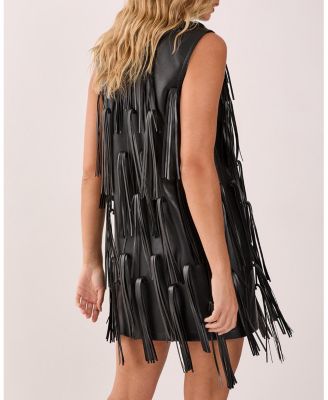 Women's Faux Leather Tassel Plunge Mini Dress