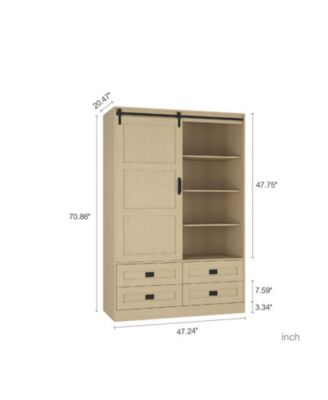 Tall Cabinet Wardrobe Closet Clothing with Hanging Rod Barn Door Drawers Open Shelves