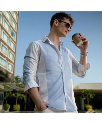 Men's Powder Blue & Daisy White Panel-Tactile Shirt