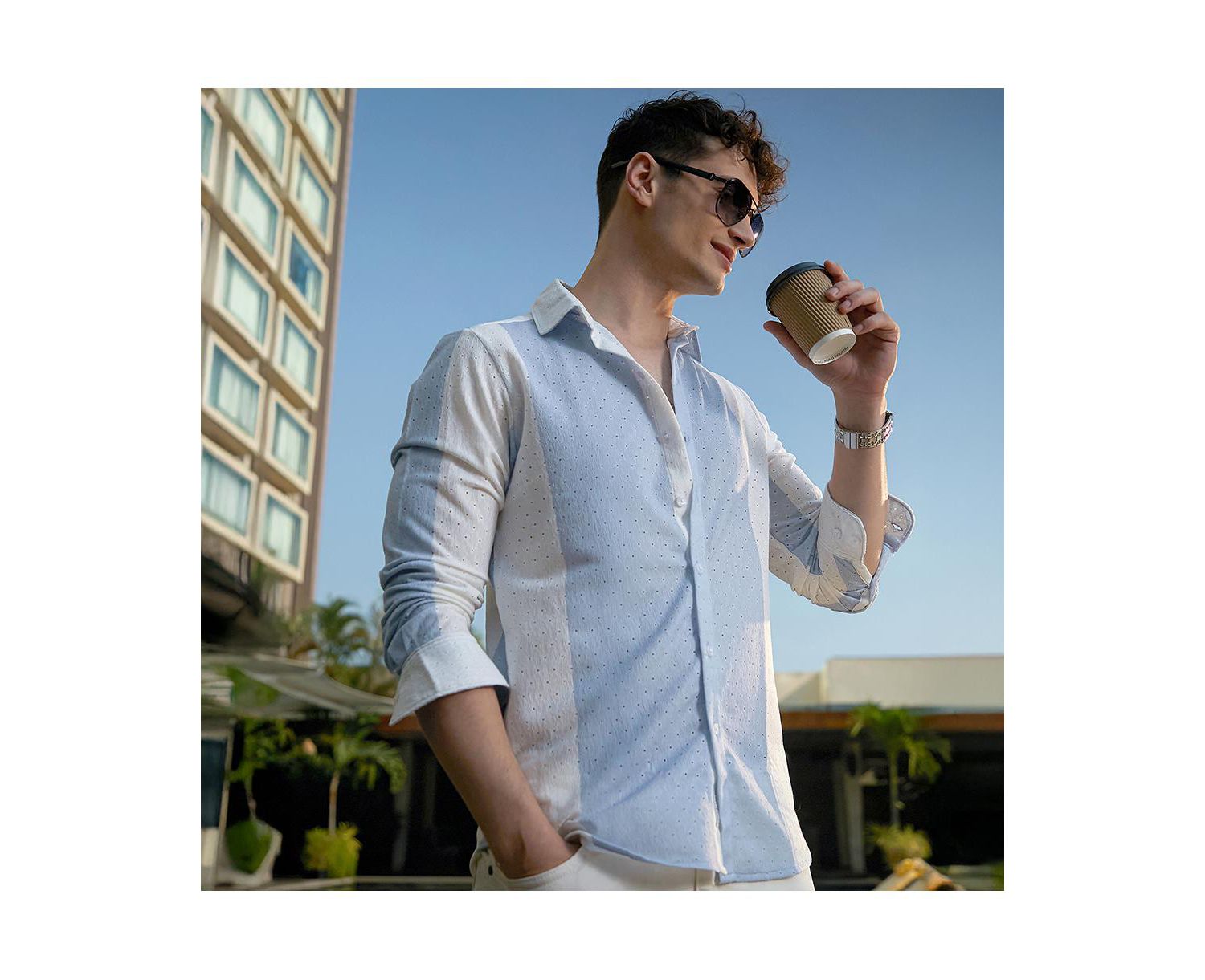Men's Powder Blue & Daisy White Panel-Tactile Shirt