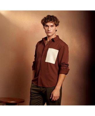 Men's Chocolate Brown Block-Patch Oversized Shirt