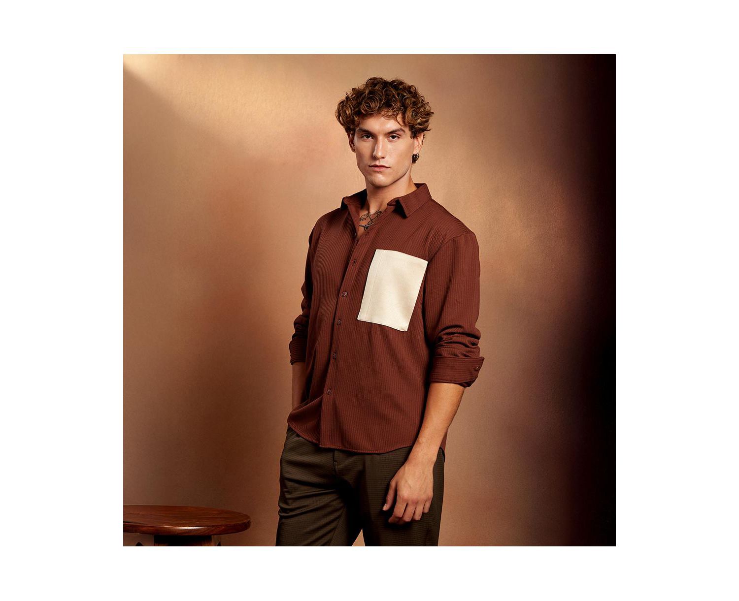 Men's Chocolate Brown Block-Patch Oversized Shirt