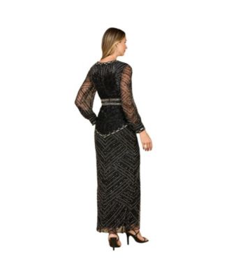 Women's V Neck Beaded Long Sleeve Dress