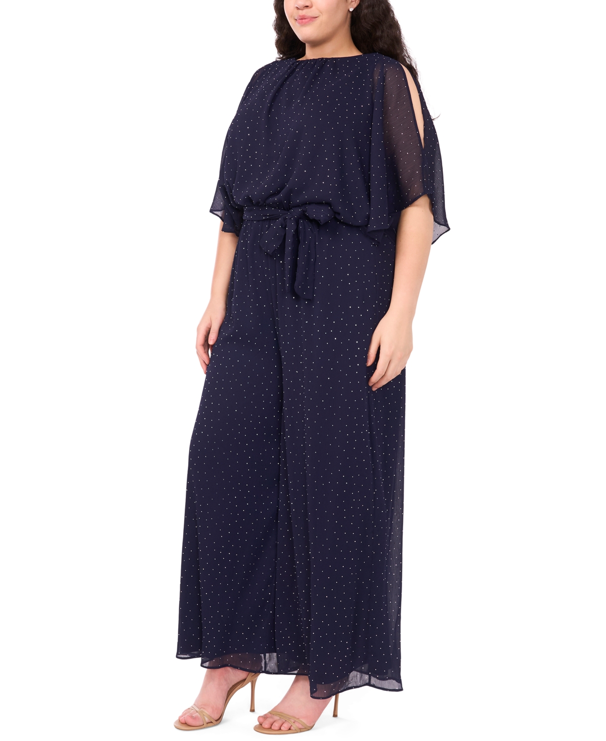 Msk Plus Size Rhinestone Overlay Boat Neck Jumpsuit In Blue