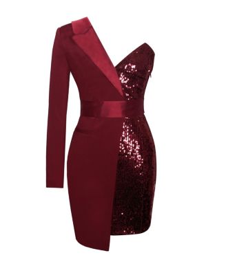 Women's Silver Night Wine Red Sequin Crepe Tuxedo Blazer Dress